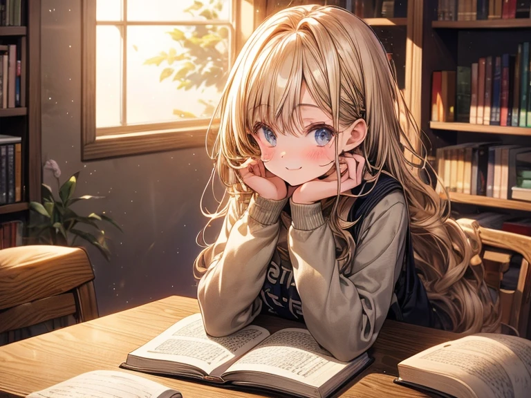 A 15-year-old anime girl happy, light hair, sits at her desk, surrounded by bookshelves filled with her favorite stories. The sunlight streams in through the window, casting a warm glow on her face as she dives into the pages of her latest read.