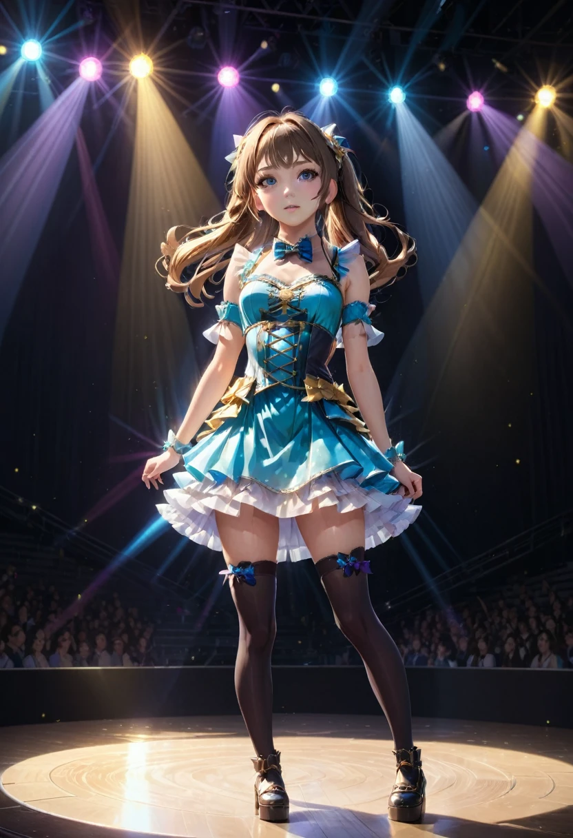 Idol Stage, idol dress, aesthetic, extremely detailed, masterpiece, best quality, Tyndall effect, light beams, stage lights, 1girl, solo, long hair, thighhighs, on stage, looking up, light scattering, volumetric lighting, spotlights, rays, atmosphere, octane render, 8k