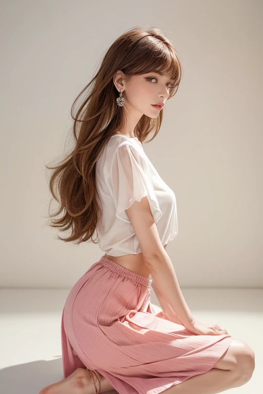 highest quality, Very detailed, masterpiece, 1 person,woman,(((完璧なwomanの体))),Very beautiful face, Very beautiful body,Gentle expression, Very beautiful eyes,(Perfect Makeup:1.1),Fashion Model, Blunt bangs,Shaggy Hair,red, pink and blue hair:1.3, Very thin body,Smart Abs, Chiffon blouse,Long skirt,anklet,Full body portrait,(White Background), (Shiny skin),(Earrings),(looking side:1.2)