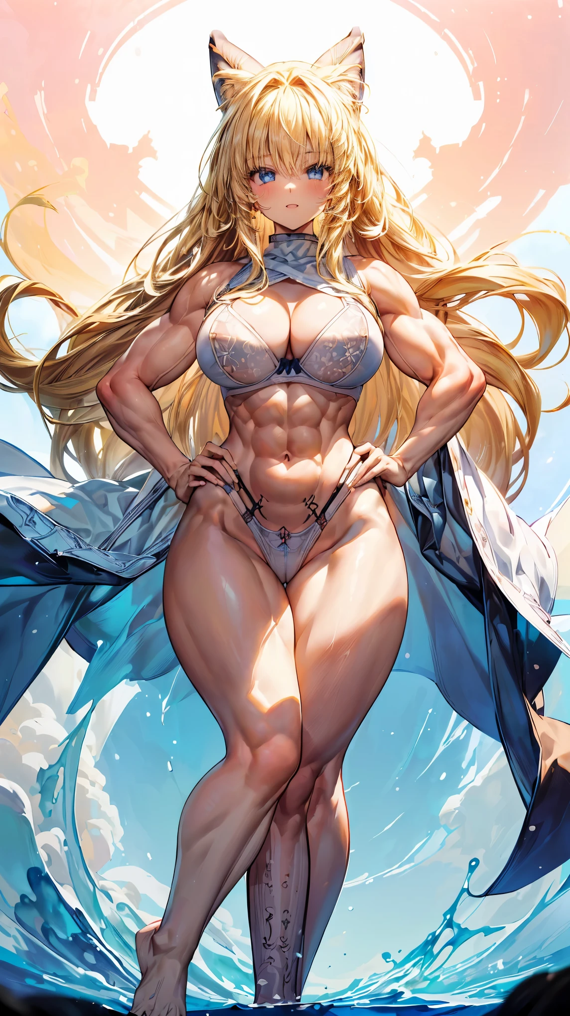 Very detailed、highest quality、Best image quality、masterpiece、8k、Anime Face、A kind smile、(Open your mouth:1.3)、Sparkling blue eyes、(Blonde semi-long hair:1.5)、(Muscles of the whole body:1.3)、(highleg:2.0)、Thigh belt、(Cowboy Shot:1.5)、(SFW Giant)、(Thick body:1.2)、(bra:1.5)、(sxspnts)、(Hands on hips:1.1)