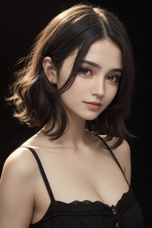 uma jovem mulher tem cabelos pretos, lisos e brilhantes, that fall in gentle waves up to the shoulders. Ela possui chifres curtos em um tom de vermelho escuro, que se erguem graciosamente para cima, adding a unique and charming touch to your appearance. Your face is delicate, with soft features and a gentle expression. His eyes are a deep purple, brilhando com curiosidade e ternura, adding an element of mystery and magic to your look. Um sorriso caloroso ilumina seu rosto, transmitindo alegria e amabilidade. ela veste uma camisa de manga longa em vermelho escuro, um manto preto com capuz cobre ela. a black background is behind her
