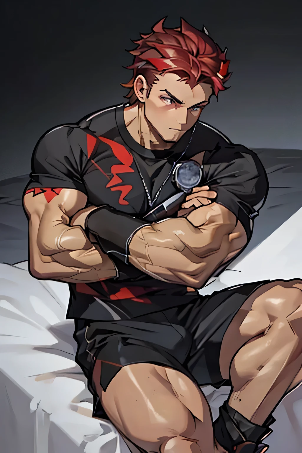 Diamant is sitting in a black tshirt with short sleeves and wearing black boxershorts and is flexing his right bicep. He has many huge veins on his arms.