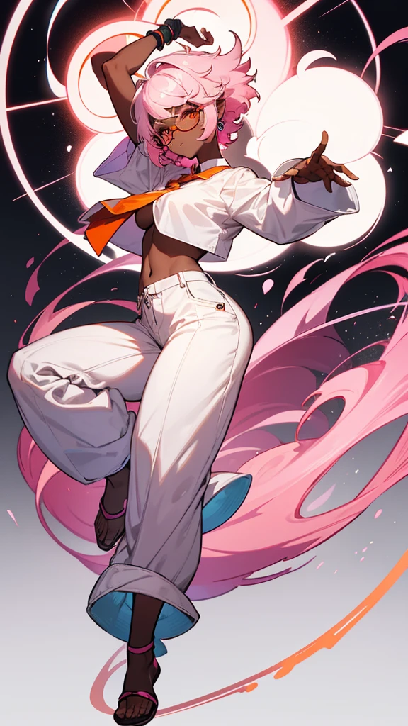 1 woman, tall, ((dark skinned woman, hair over the ears)), white hair, pink hair, colorful hair, short hair, messy hair, orange eye, (small glasses), white big shirt, (pants), black tie, sharp eye, underboob, earring like a circle, Subdued lighting, dynamic pose, perfect hand, full body,