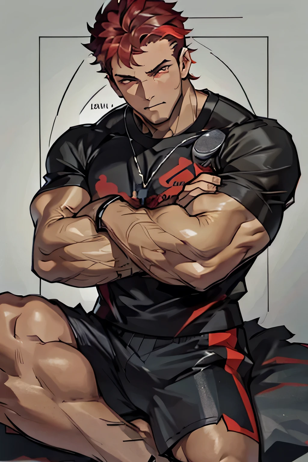 Diamant is sitting in a black tshirt with short sleeves and wearing black boxershorts and is flexing his right bicep. He has many huge veins on his arms.