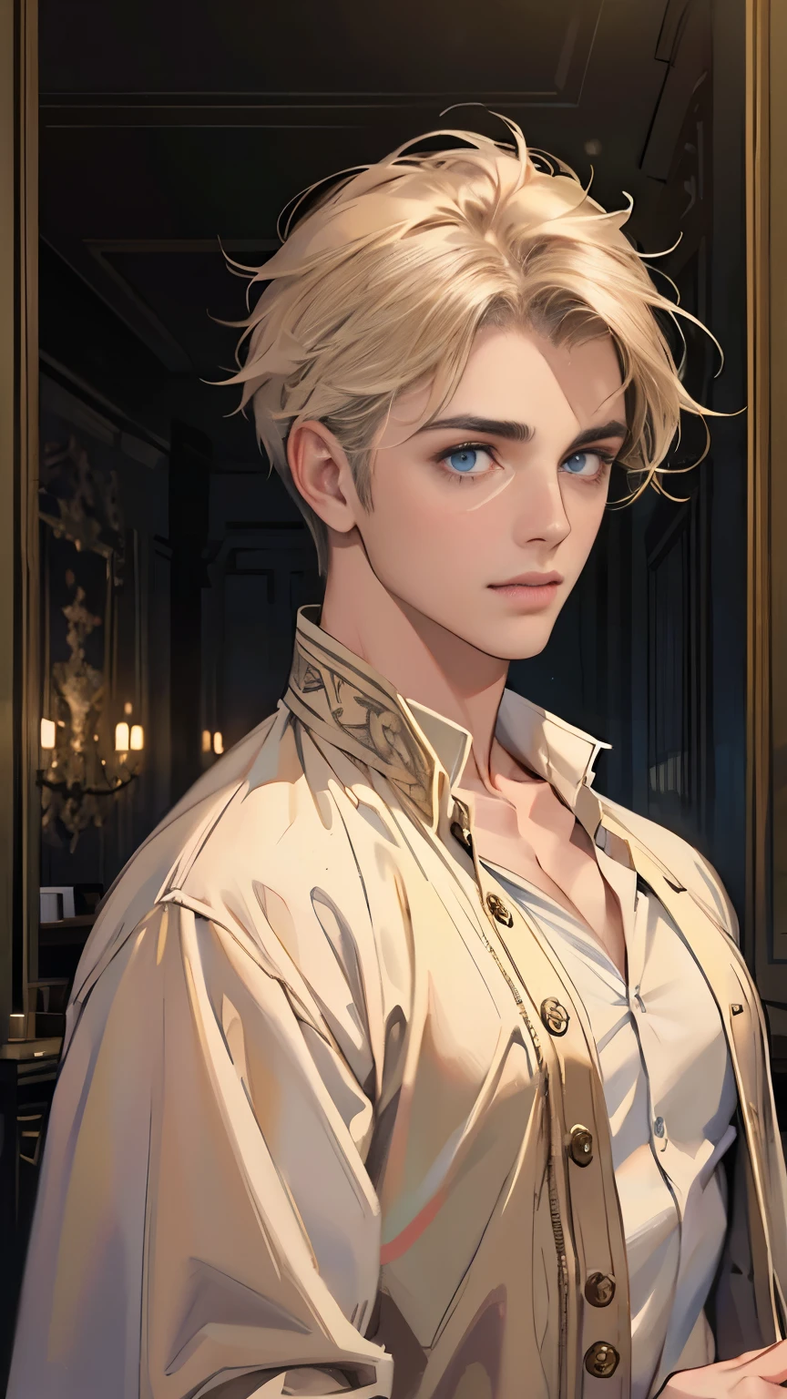 masterpiece, ((Beautiful Boy)), ((High resolution)), Depth of the written border, Cinema Lighting, Delicate depiction of hair, (good looking), There's no one here, Beautiful Nose, ((Short black hair that is slightly curled down to the nape of the neck)), (Wearing a sweaty shirt), Low rise men's boxer shorts, ((Glowing Skin)), A simple, modern room with dim lighting, smile, Very beautiful and pretty face, ((He is blindfolded in black and his hands and feet are bound.))