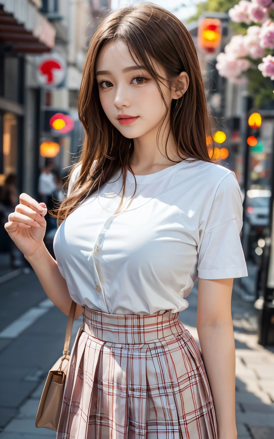 Cute 21 year old Japanese、shopping、Highly detailed facial features、Attention to detail、double eyelid、Beautiful thin nose、Sharp focus:1.2、beauty:1.4、(Light brown hair、short hair、)、Pure white skin、highest quality、masterpiece、超High resolution、(Realistic:1.4)、High resolution, Professional Lighting、nice smile、Please show me your whole body、skirt、Colorful spring clothes、A glimpse of the breast