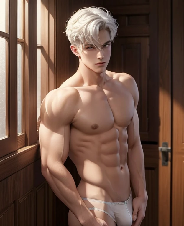 Full body photorealistic 4k, Catboy , cat ears, very high resolution, best quality, masterpiece, perfect color, perfect shade, perfect lighting, Posted by e621, ((portrait)), ((handsome man)), perfect male figure, Short hair details,chest muscles,abdominal muscles,Naked torso,nudeness Detailed face, perfect face, (stood up), Detailed background, ((Bonifasco Lighting)), (delicate eyes)),white hair. Beige underwear thong, bulge.