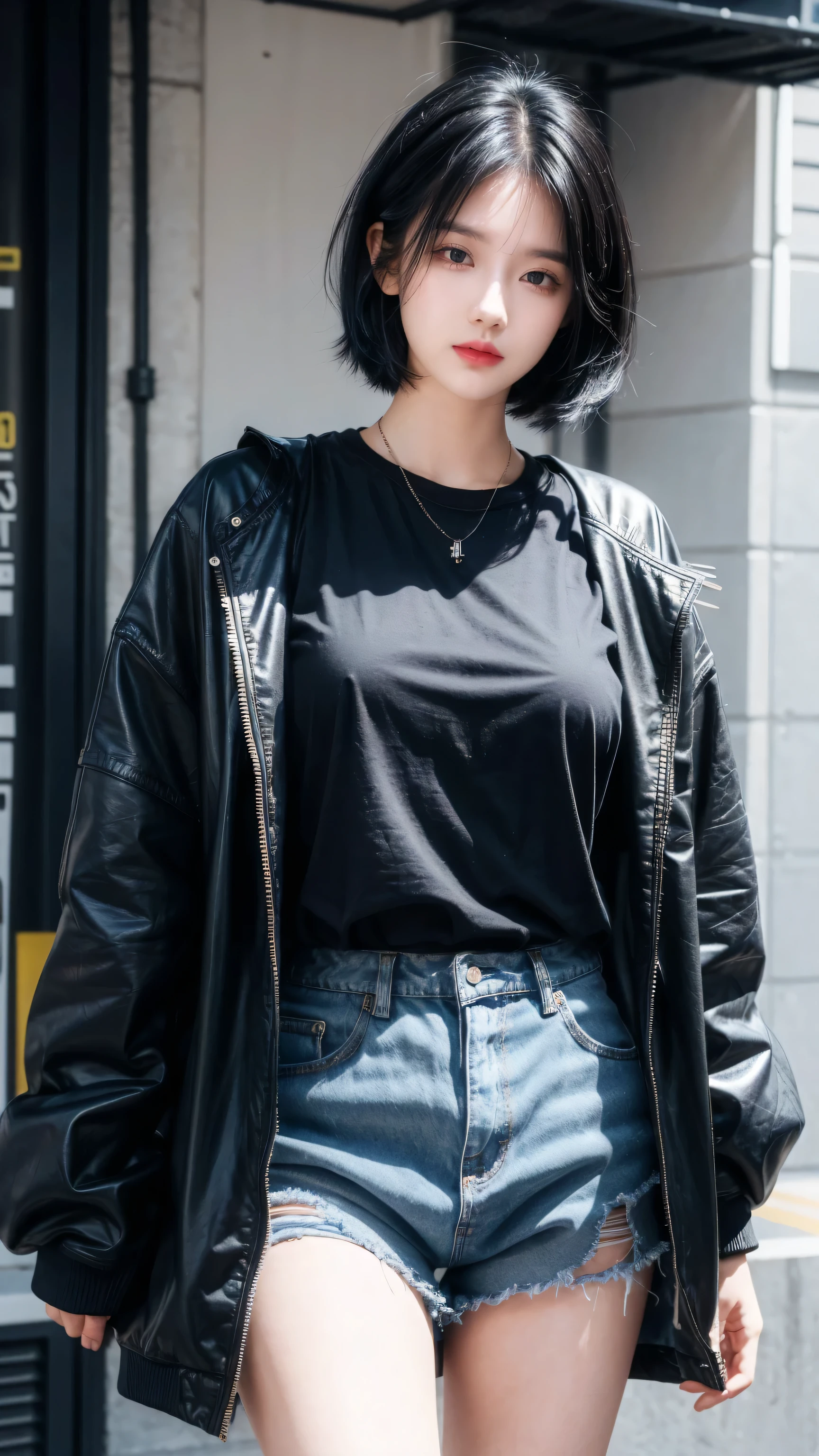 best quality, 1 Girl, dark blue hair, black eyes, Very short hair, Spiky hair, oversize t-shirt black, jacket , High waist short jeans, 171 cm, Messy hair, Hair between the eyes, Medium breasts, full, Tomboy, aldult, 20 years old, 1 Girl