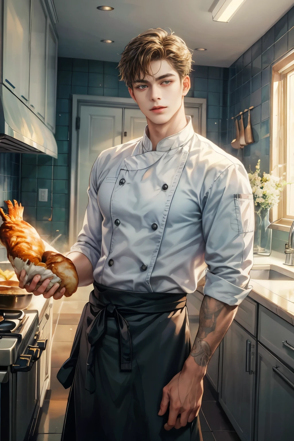 masterpiece:1.8, handsome teen boy, kitchen boy outfit , chef, cook, frying pan, roasted chicken, extremely detailed kitchen scenery, perfect face:1.1, Looking at Viewer,