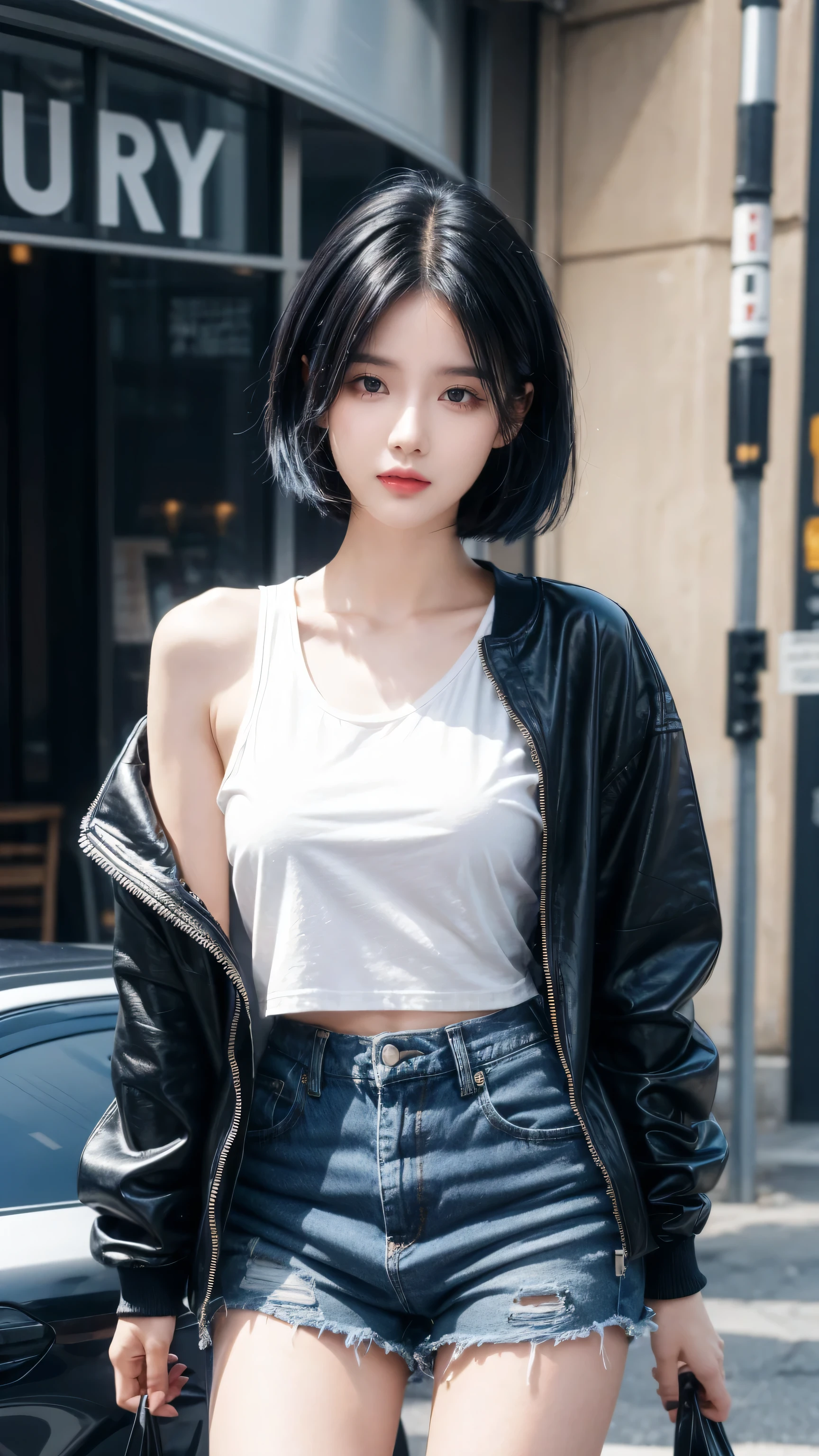 best quality, 1 Girl, dark blue hair, black eyes, Very short hair, Spiky hair, oversize t-shirt black, jacket , High waist short jeans, 171 cm, Messy hair, Hair between the eyes, Medium breasts, full, Tomboy, aldult, 20 years old, 1 Girl