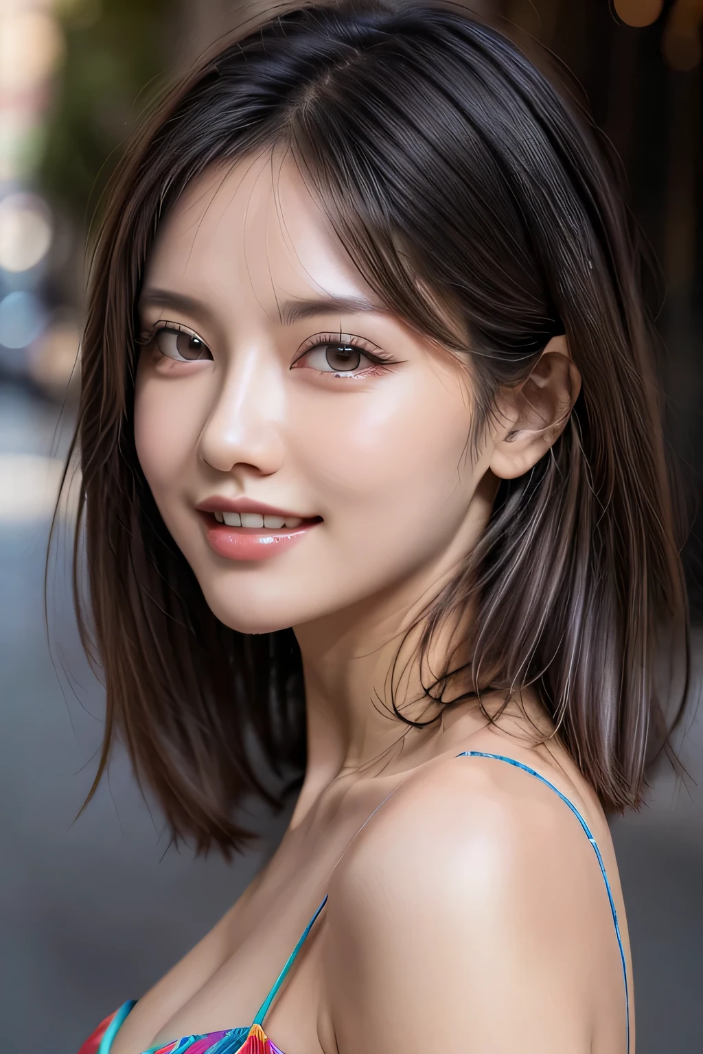 (8k, RAW Photos, highest quality, masterpiece, Realistic, Realistic), (1 female), (Ultimate beauty), Highly detailed face, (Perfect Teeth), Beautiful Eyes, double eyelid, eyelash, smile, Lip details, (Neat brunette bob), The light shines on your face, Big Breasts, ((Colorful mini dresses)), (front view), (background: none),  Background blur