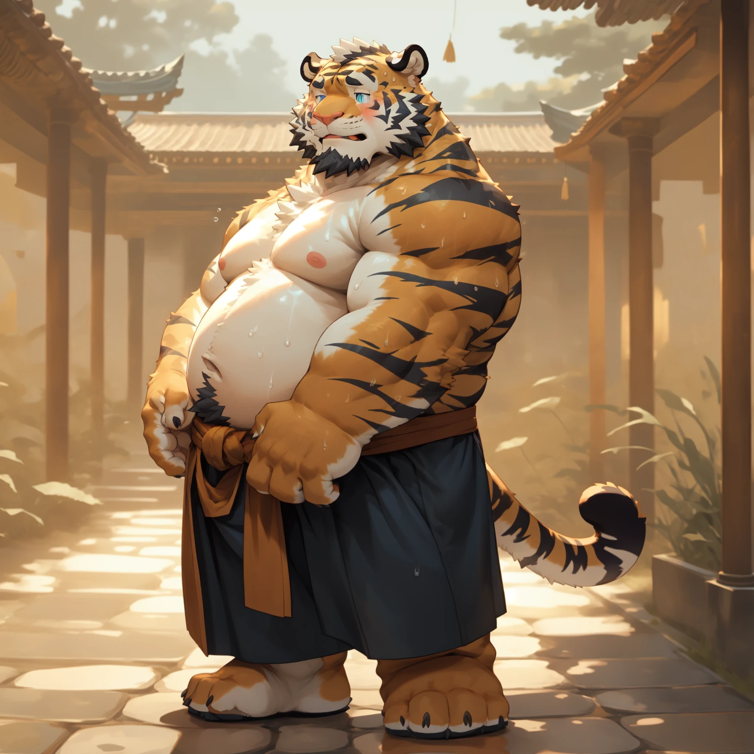 New Jersey 5 Furry,Tiger，Exquisite，Wearing Shaolin Kicks, Topless, Monk pants，Stand in the courtyard of the Shaolin Temple.Masterpiece，Highest image quality , sweat, blush，Oily alone，Chubby，Fat，Thick arms，Rugged muscles，Topless，Plush fur，Chubby脸，Black eyebrows，Sky blue eyes，Beard，Cover, high resolution, top quality, best quality, Wearing Shaolin Kicks, Topless, Monk pants，Stand in the courtyard of the Shaolin Temple.sweat, blush，Oily 