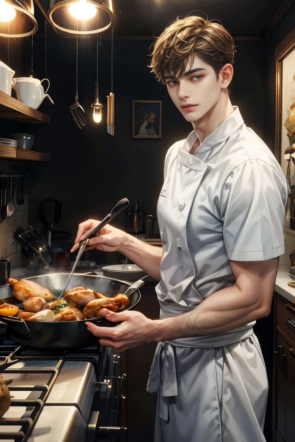 masterpiece:1.8, handsome boy, kitchen boy outfit , chef, cook, frying pan, roasted chicken, extremely detailed kitchen scenery, perfect face:1.1, Looking at Viewer,