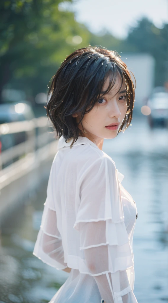 ((Best Quality, 8K, Masterpiece: 1.3)), Sharp: 1.2, Perfect Body Beauty: 1.4, Slim Abs: 1.2, ((Layered Hairstyle, Breasts: 1.2)), (Wet White Button Long Shirt: 1.1), Wind, (Rain, Street: 1.2), Wet: 1.5, Highly Detailed Face and Skin Texture, Fine Eyes, Double Eyelids, Looking Back at the Camera