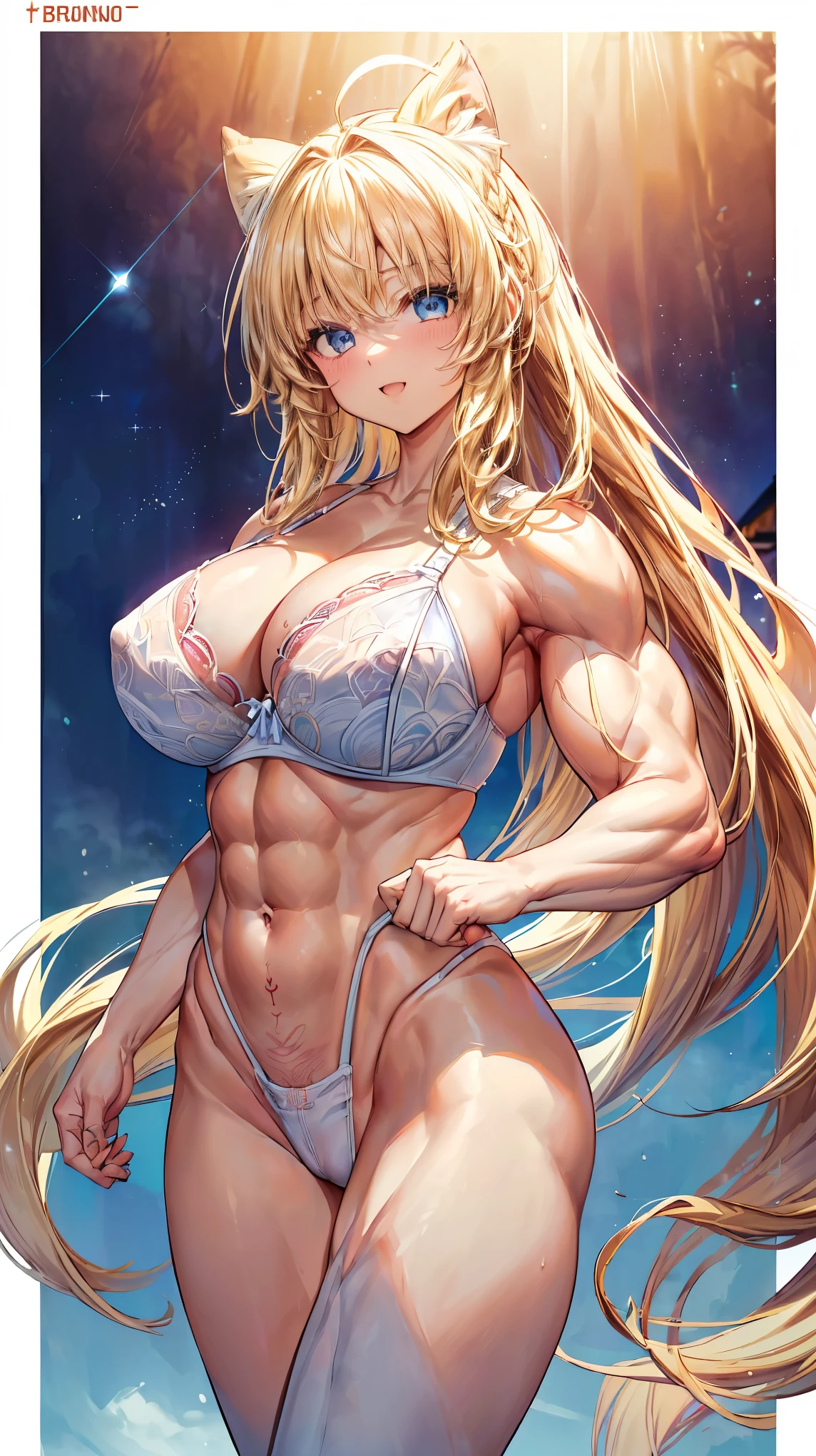 Very detailed、highest quality、Best image quality、masterpiece、8k、Anime Face、A kind smile、(Open your mouth:1.3)、Sparkling blue eyes、(Blonde semi-long hair:1.5)、(Muscles of the whole body:1.3)、(highleg:2.0)、Thigh belt、(Cowboy Shot:1.5)、(SFW Giant)、(Thick body:1.2)、(bra:1.5)、(sxspnts)、(Hands on hips:1.1)