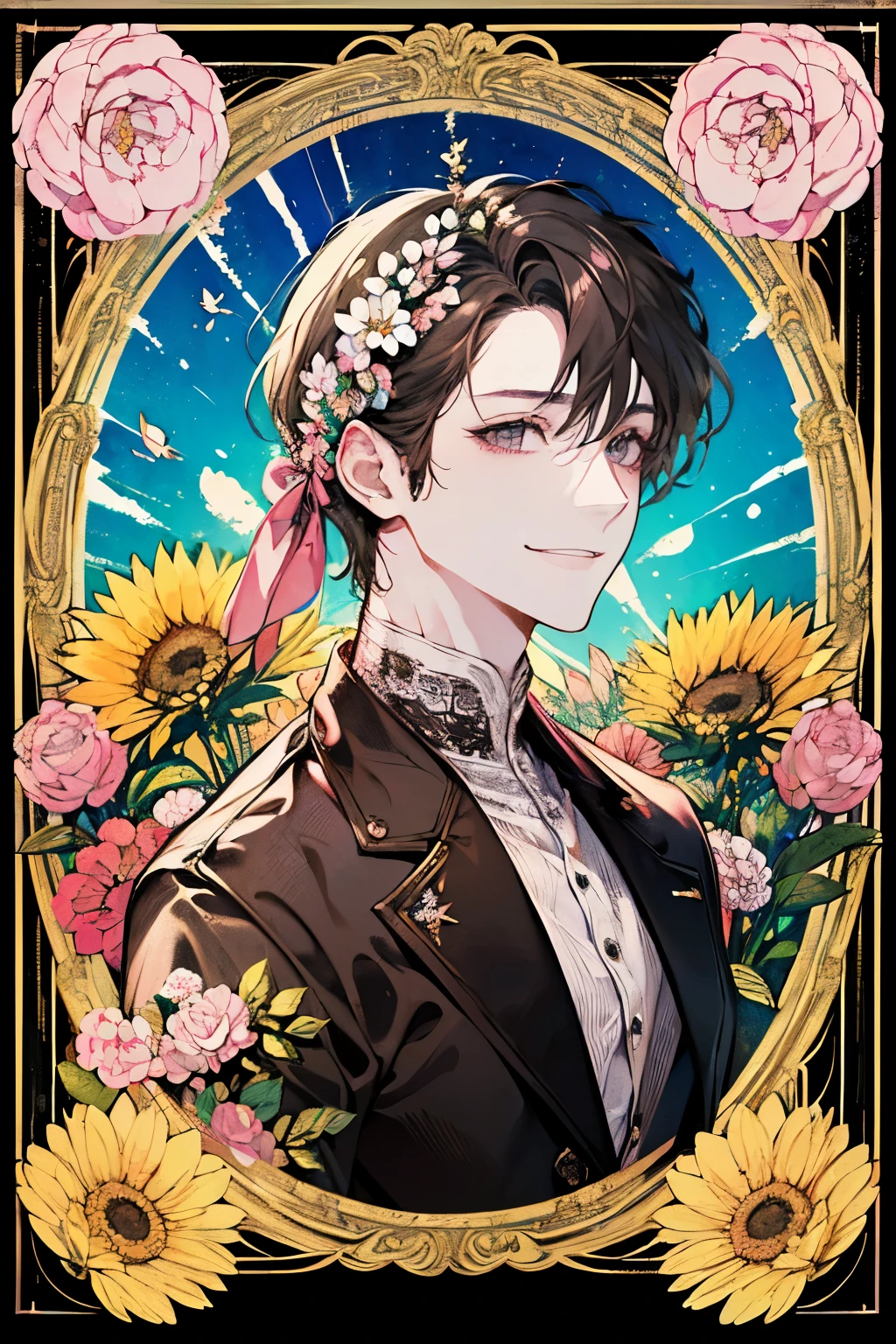 (old male:1.45)、(masterpiece、highest quality、highest quality、Beautiful and beautiful:1.2)、(Good anatomy:1.5)、Painting of a girl with milky white straight hair、Shy smile、Sparkling Eyes、looking at the camera、Emerging from among the flowers and leaves、Suzuran、(sunny days:1.45)、(pink、black、lightbrown:1.2)