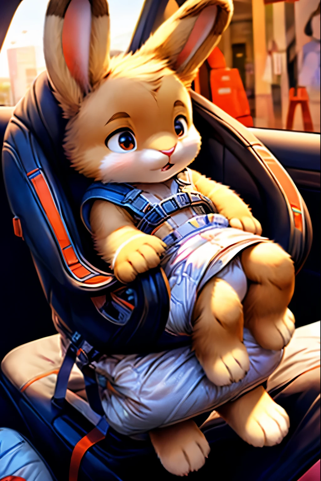 ((Rabbit)), animal crossing style, cute , chibi, small, small paws, small feet, wearing (diaper), ((big diaper)), ((diaper that shows the rabbit ballsack outline)) , ((diaper showing a outline of the rabbit ballsack and penis)), (cock), ((big cock)), ((big penis)), leather wrist, cuffs, leather ankle cuffs, padded leather mittens, prisoner collar, sit on baby car seat, tied to baby car seat ,