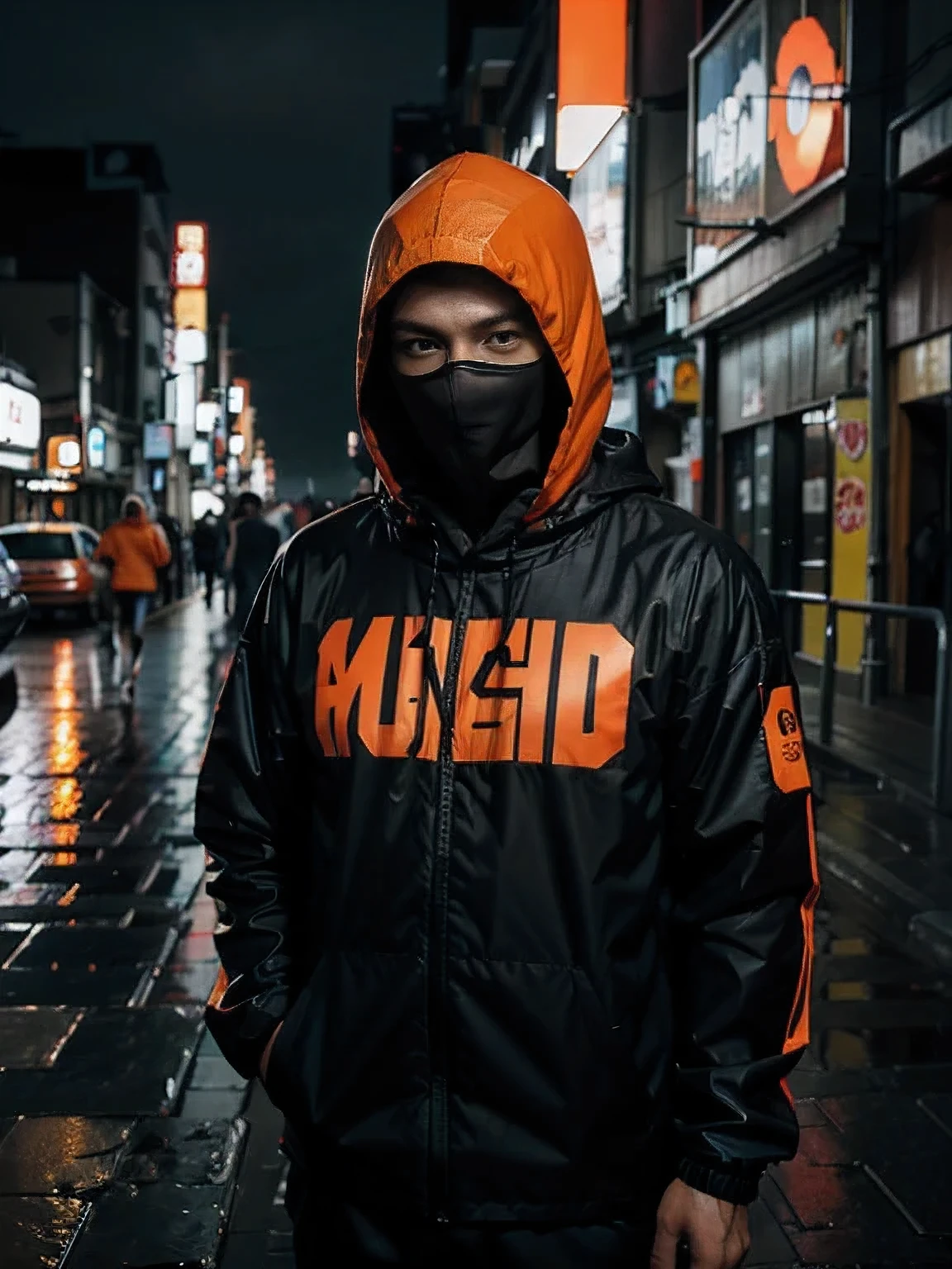 Mysterious man, vibrant orange hood, mask, night, Tokyo, graffiti, 8k, urban, ninja, streetwear rain jacket, high quality, ultra detail