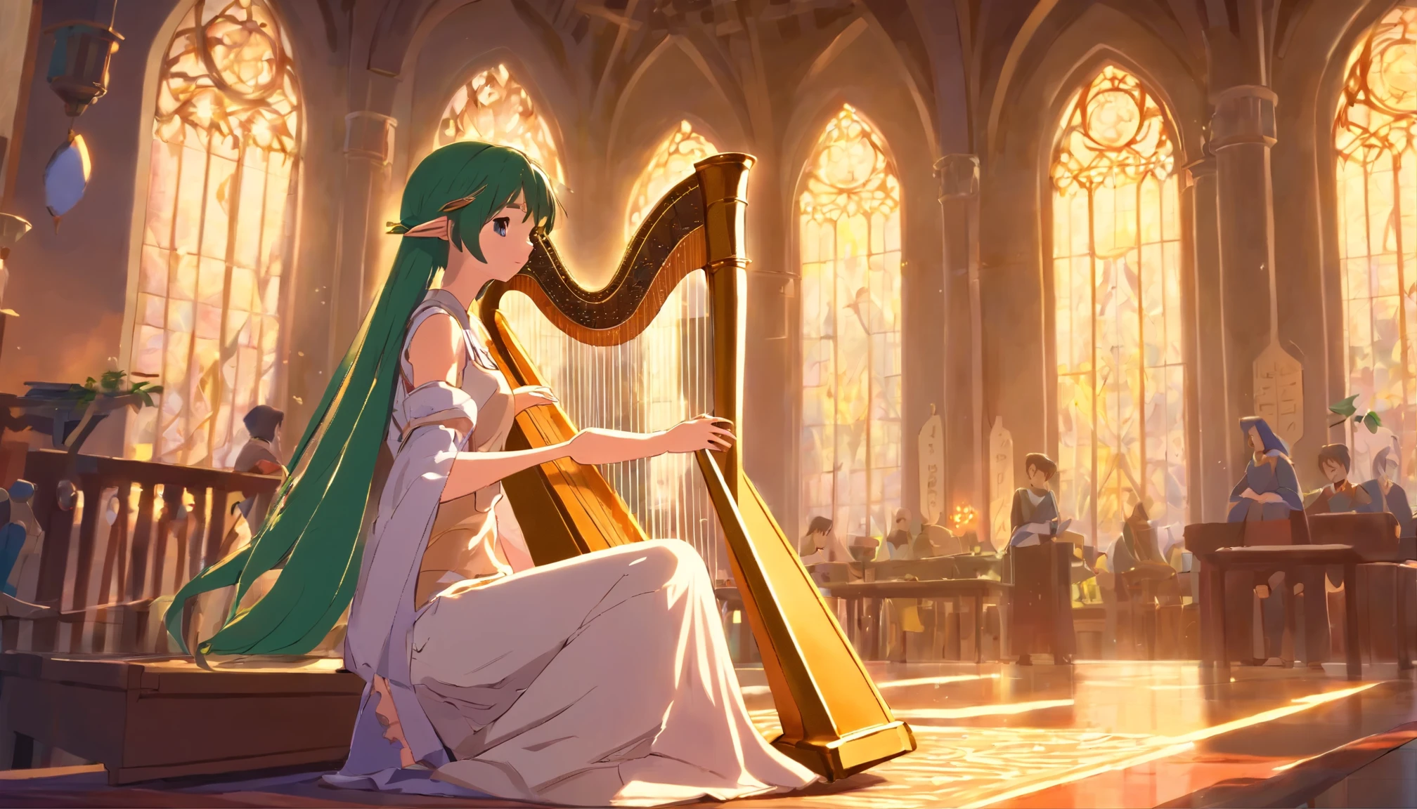 masterpiece, highest quality,middle ages、Western、Woman playing the harp、Elf Court