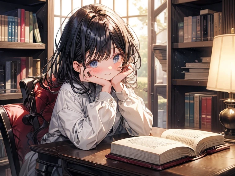 The 15-year-old anime girl sits at her desk, her eyes sparkling with excitement as she flips through the pages of her latest read. Her light hair falls in soft waves around her face, framing her delicate features. The bookshelves behind her are filled with a diverse collection of stories, each one holding a special place in her heart. As she reads, the world around her fades away, and she becomes lost in the vivid imagery of the story.