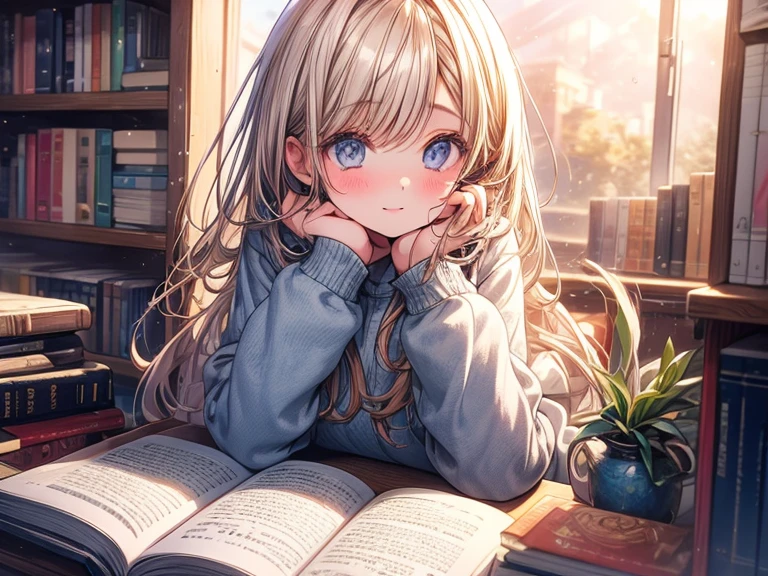 The 15-year-old anime girl sits at her desk, her eyes sparkling with excitement as she flips through the pages of her latest read. Her light hair falls in soft waves around her face, framing her delicate features. The bookshelves behind her are filled with a diverse collection of stories, each one holding a special place in her heart. As she reads, the world around her fades away, and she becomes lost in the vivid imagery of the story.
