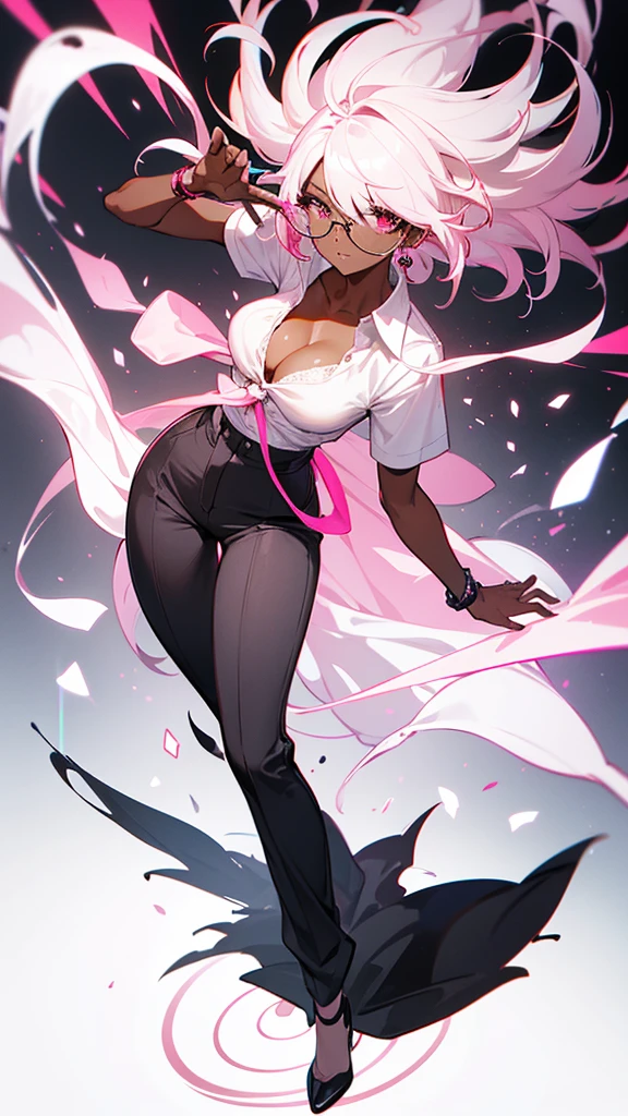 1 woman, tall, ((dark skinned woman, hair over the one eye)), white hair, pink hair, colorful hair, medium hair, messy hair, dark eye, (small glasses), white big shirt, (pants), black tie, beautiful eye, cleavage, earring like a circle, Subdued lighting, dynamic pose, perfect hand, full body,