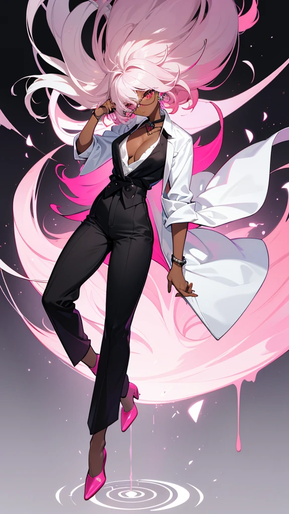 1 woman, tall, ((dark skinned woman, hair over the one eye)), white hair, pink hair, colorful hair, medium hair, messy hair, dark eye, (small glasses), white big shirt, (pants), black tie, beautiful eye, cleavage, earring like a circle, Subdued lighting, dynamic pose, perfect hand, full body,