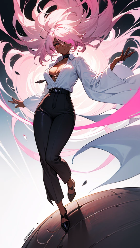 1 woman, tall, ((dark skinned woman, hair over the one eye)), white hair, pink hair, colorful hair, medium hair, messy hair, dark eye, (small glasses), white big shirt, (pants), black tie, beautiful eye, cleavage, earring like a circle, Subdued lighting, dynamic pose, perfect hand, full body,