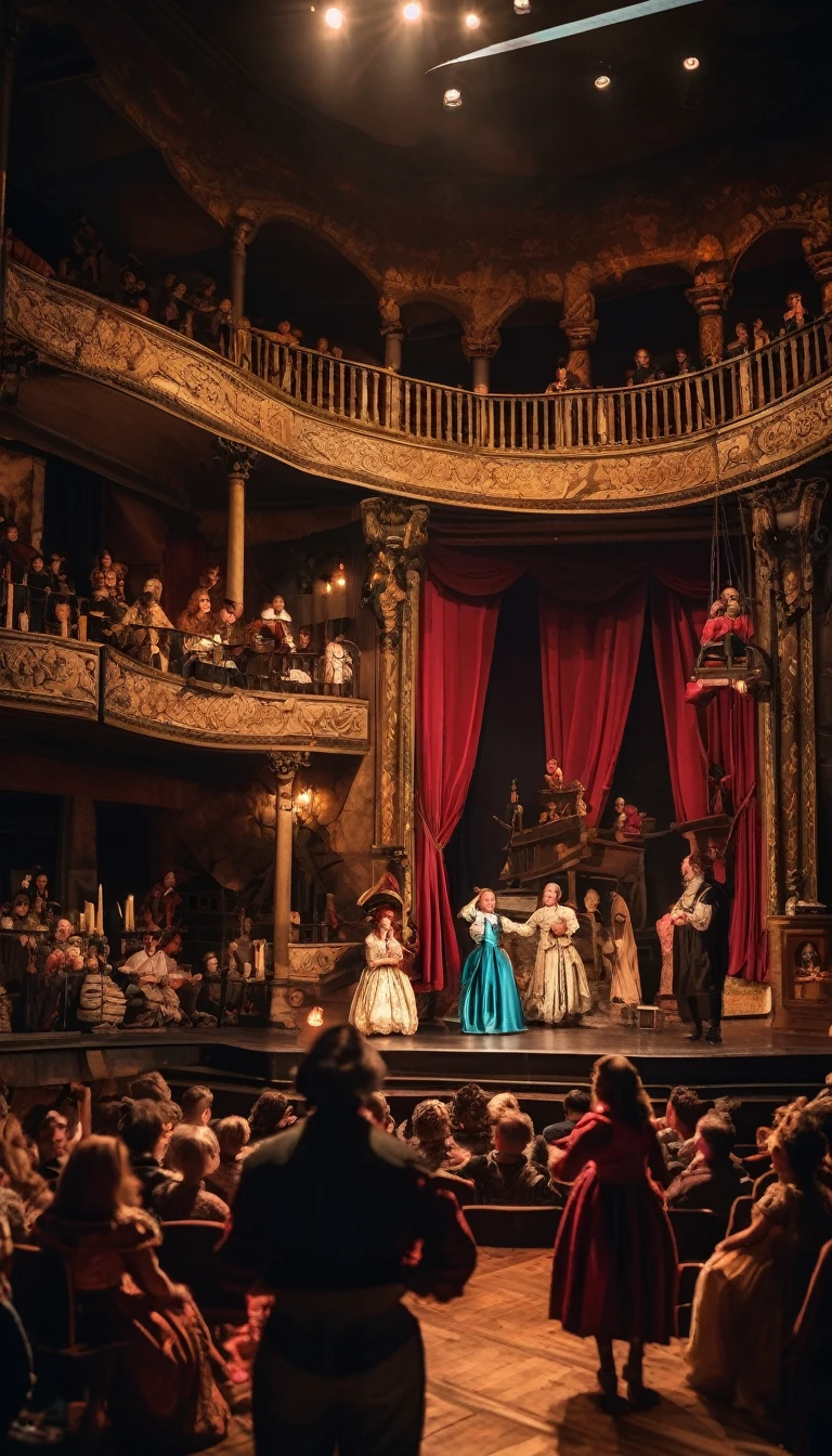 shakespeare on stage, baroque stage, crowd of people watching shakespeare's play, thespians performing, vivid costumes, detailed facial expressions, ornate stage set, intricate props, dramatic lighting, theater ambiance, grandeur, lively atmosphere, theatrical background, accurate historical portrayal, immersive experience, professional actors, dynamic poses, intense emotions, poetic dialogues, classical music, elaborate choreography, elegant gestures, authentic decor, exquisite artistry, refined acting techniques. (best quality,4k,8k,highres,masterpiece:1.2), ultra-detailed, (realistic,photorealistic,photo-realistic:1.37), HDR,studio lighting, ultra-fine painting, sharp focus, physically-based rendering, extreme detail description, professional, vivid colors, bokeh, portraits, theatrical ambiance, stage craftsmanship, dynamic composition, antique color palette, dramatic shadows, expressive faces, timeless beauty, nostalgic atmosphere.