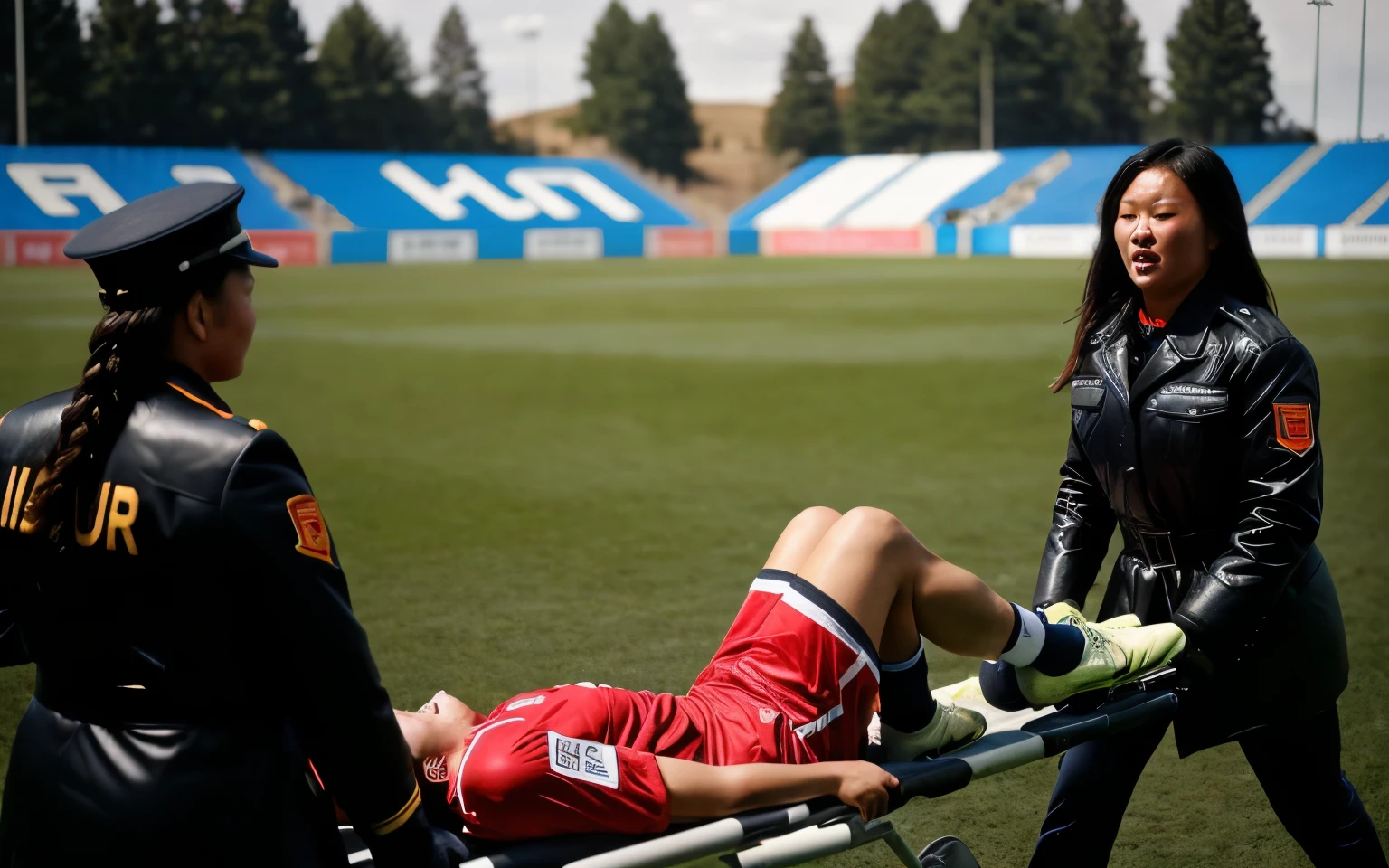 A scene at a soccer stadium in Mongolia, There is an attractive and heavily made-up Mongolian female police officer in a long black leather coat, A Mongolian female police officer in a shiny black leather coat on a soccer field, A Mongolian female police officer is holding a stretcher, A man is lying on the soccer stadium his back with his torso on the right in matt and roughened white and red sportswear on a stretcher, a man lies on a stretcher and has his left arm bent over his face, we only see the torso and thighs of the male athlete who is being carried with the stretcher to the left off the picture, the man lies on his back on the stretcher and covers his face with his bent left arm, the mongolian policewoman is exceptionally heavily made up and has an extremely desperate and very angry expression on her face, high-resolution photo, realistic sports photo, soccer scene, mongolia, mongolian policewoman, uniformed woman in black shiny long leather coat, injury scene, real photo, ultra realistic, high definition, sports photography