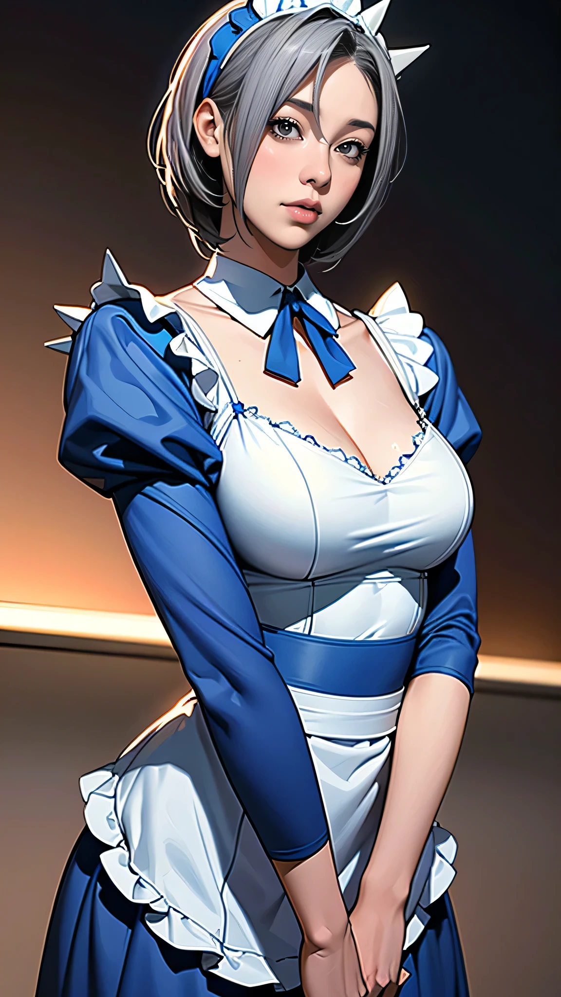 ((16 Nights Sakiya)), ((Oriental Project)), Cosplay, 20-year-old woman, (((Gray Hair)), ((Medium Spiky Hair)), ((Blue maid outfit)), ((White blouse)), Center of chest, (Light)))), (Pause))), (Photorealistic photography: 1.3), rim Lighting, (Skin with attention to detail:1.2), 8k UHD, Digital SLR, high quality, High resolution, 4K, 8k, Bokeh, Disorganized, The optimal ratio is four fingers to one thumb, (Genuine:1.3), The cutest girl 1, Lots of knives