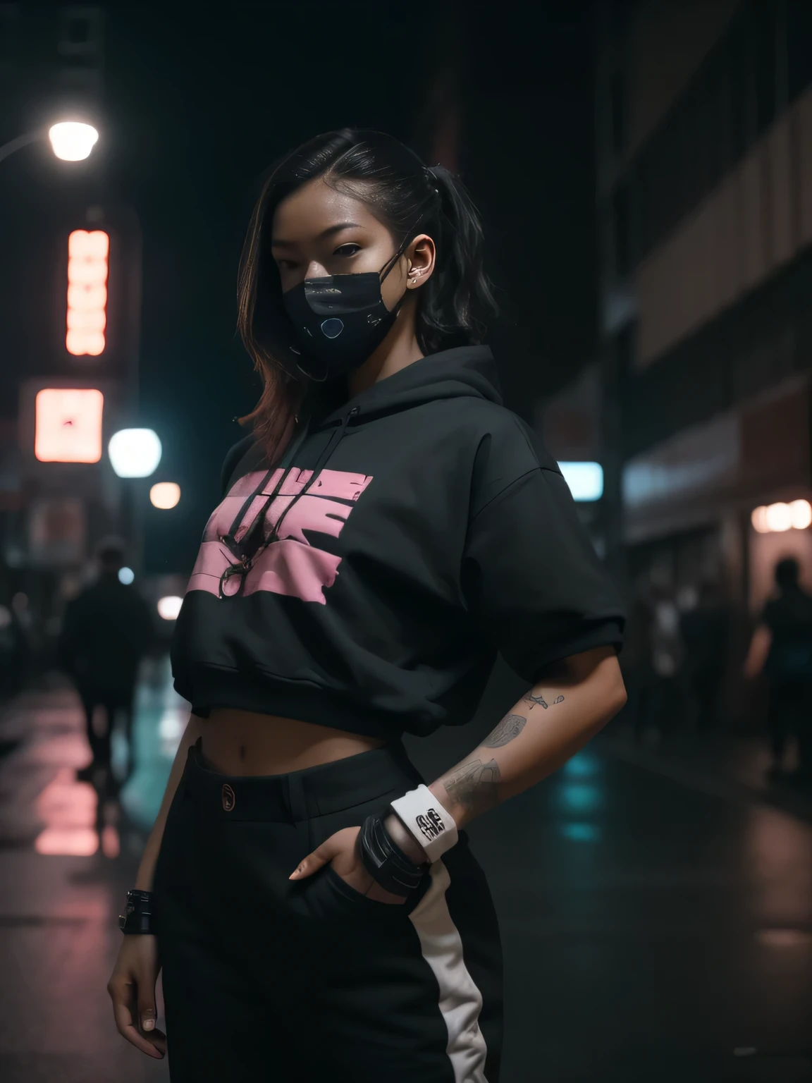 streetwear, ninja, a young woman in fighting pose, professional studio light, serious face, mask, nighttime, 35mm lens, establishing shot, pastel color grading, depth of field cinematography effect, film noir genre, 8k resolution, high quality, ultra detail