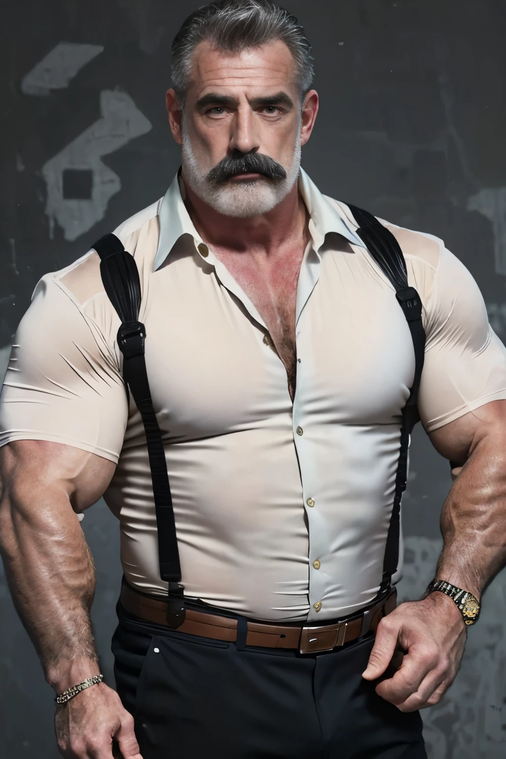 age 60, white man police detective with a mature, kind demeanor, strong and muscular yet chubby build, mustache, wearing dress pants and a buttoned-open translucent shirt that reveals a hairy chest and a noticeable bulge, giving off a hint of a horny yet disgusting aura, completing the look with comfortable loafers.