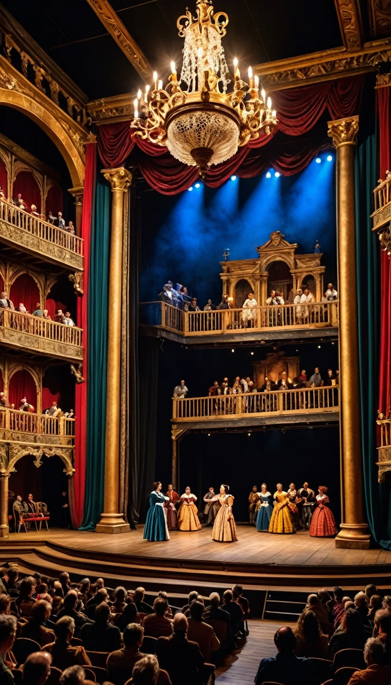 shakespeare on stage, baroque stage, crowd of people watching shakespeare's play, thespians performing, vivid costumes, detailed facial expressions, ornate stage set, intricate props, dramatic lighting, theater ambiance, grandeur, lively atmosphere, theatrical background, accurate historical portrayal, immersive experience, professional actors, dynamic poses, intense emotions, poetic dialogues, classical music, elaborate choreography, elegant gestures, authentic decor, exquisite artistry, refined acting techniques. (best quality,4k,8k,highres,masterpiece:1.2), ultra-detailed, (realistic,photorealistic,photo-realistic:1.37), HDR,studio lighting, ultra-fine painting, sharp focus, physically-based rendering, extreme detail description, professional, vivid colors, bokeh, portraits, theatrical ambiance, stage craftsmanship, dynamic composition, antique color palette, dramatic shadows, expressive faces, timeless beauty, nostalgic atmosphere.