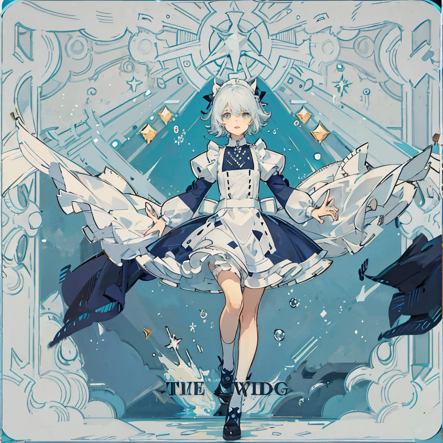 Cute demon femboy with male short white hair swept right and teal eyes wearing a maid outfit, water swirling around him