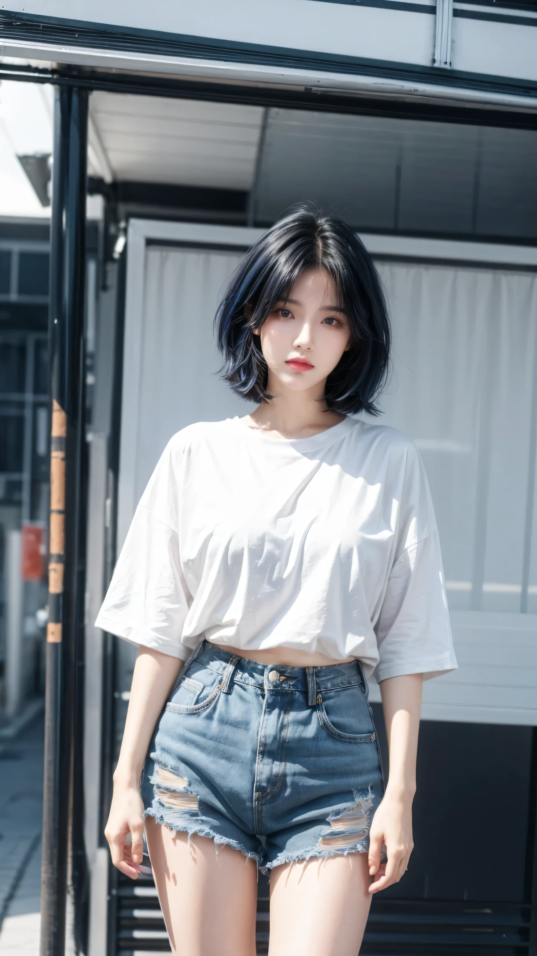 best quality, 1 Girl, dark blue hair, black eyes, Very short hair, Spiky hair, oversize t-shirt black, High waist short jeans, 171 cm, Messy hair, Hair between the eyes, Medium breasts, full, Tomboy, aldult, 20 years old, 1 Girl