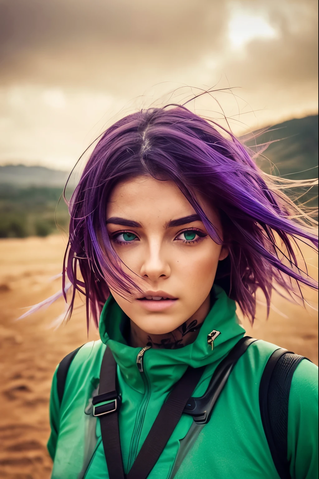 Photo-like,Beautiful Spanish woman suffers in a violent sandstorm in the wilderness、Purple Hair、Green Eyes、Transparent clothing、tattoo、close your eyes