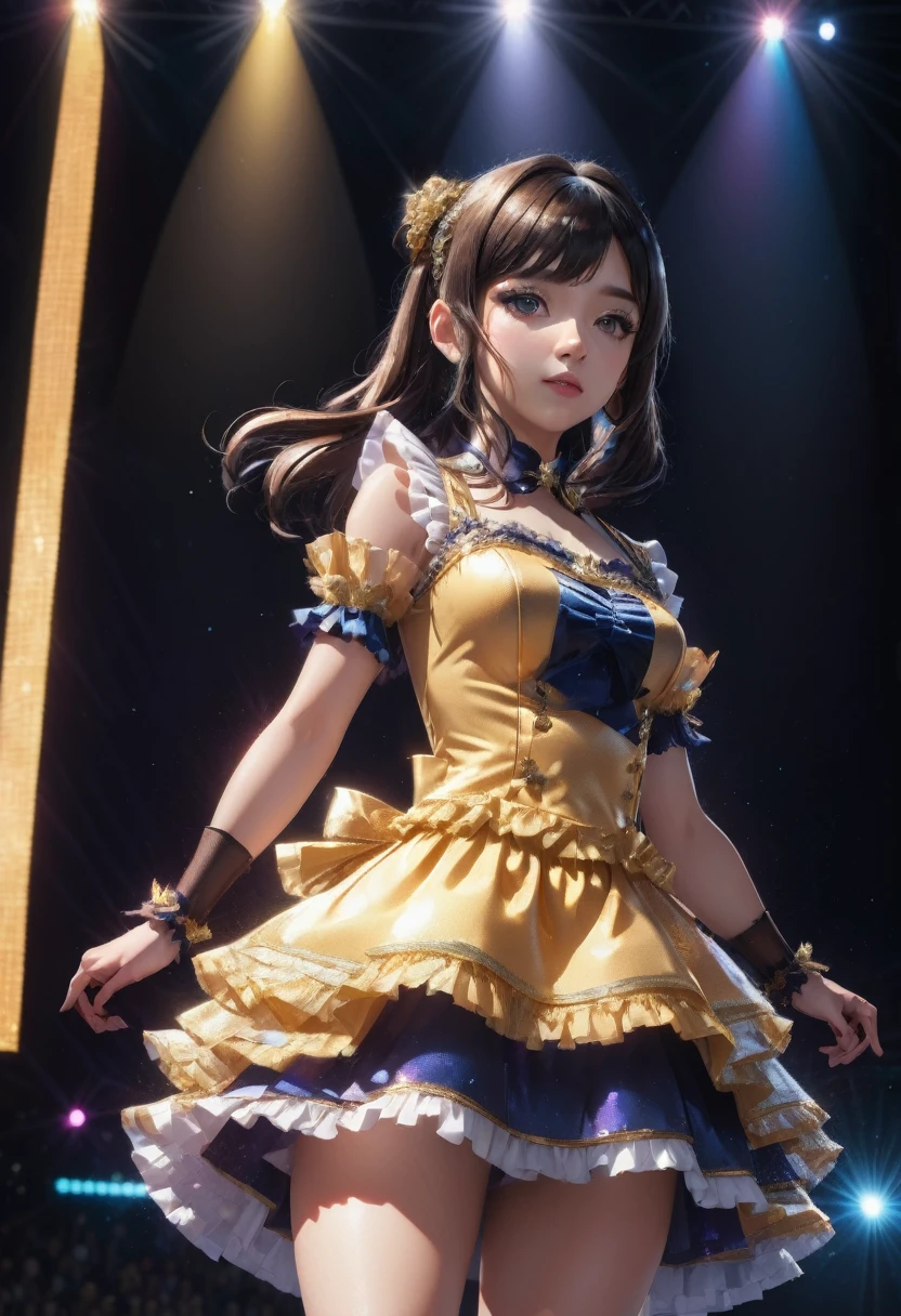 Idol Stage, idol dress, aesthetic, extremely detailed, masterpiece, best quality, Tyndall effect, light beams, stage lights, 1girl, solo, long hair, thighhighs, on stage, looking up, light scattering, volumetric lighting, spotlights, rays, atmosphere, octane render, 8k