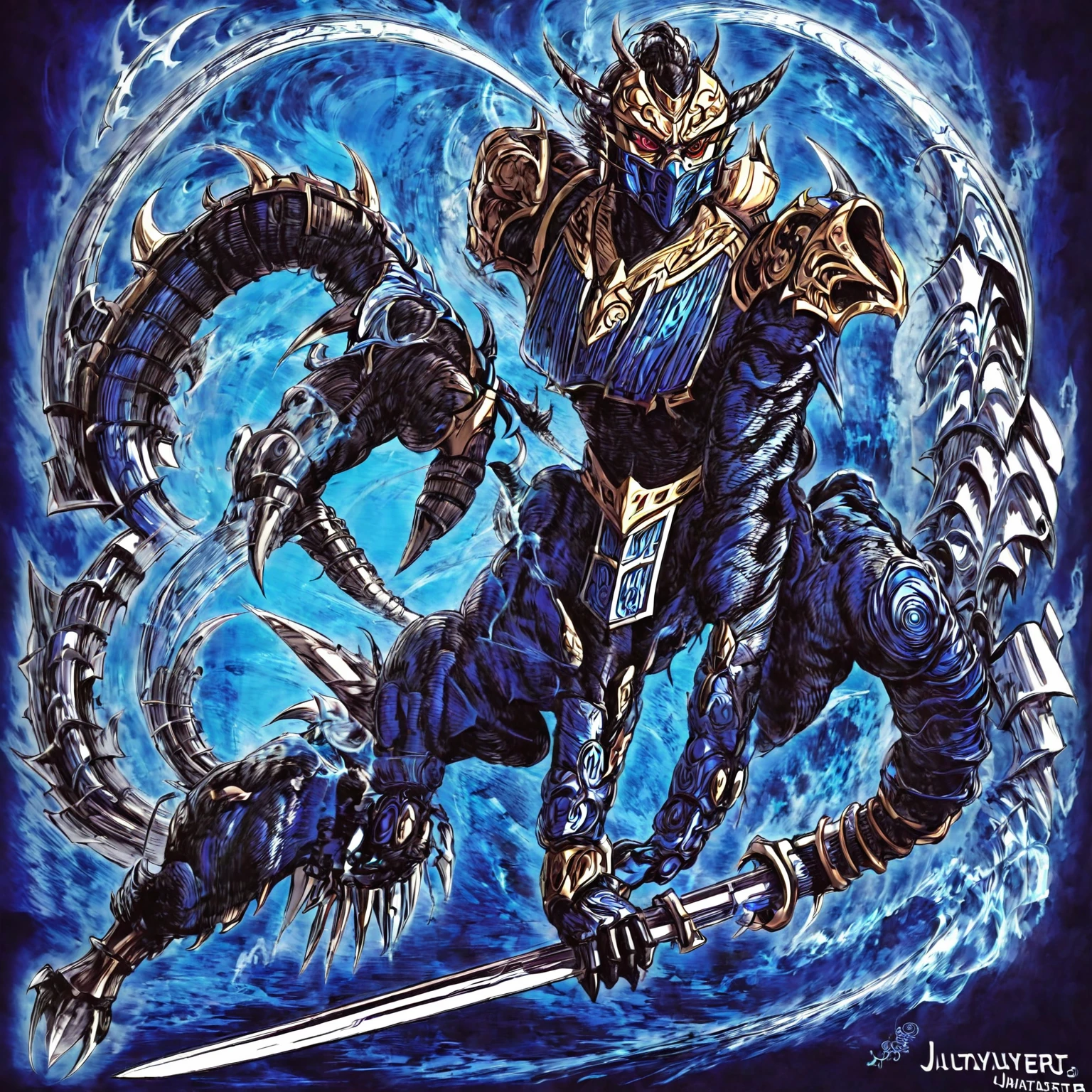 anime character with a sword and claws in a blue background, guyver style, yugioh art style, attack pose, yugioh style, bio - mechanical ninja samurai, this character has cryokinesis, guyver dark hero, sharp robot dragon claws, greek god in mecha style, menacing pose, humanoid form, trigger anime artstyle
