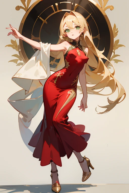 ((highest quality)), ((masterpiece)), (Familiar), woman,thin,thin,Long blonde hair,Small breasts,????? nipples,成人woman,Green Eyes,Slanted Eyes,Sleeveless dress,Red dress,Gold embroidery,High heels,Fascinating,Long skirt,White shawl