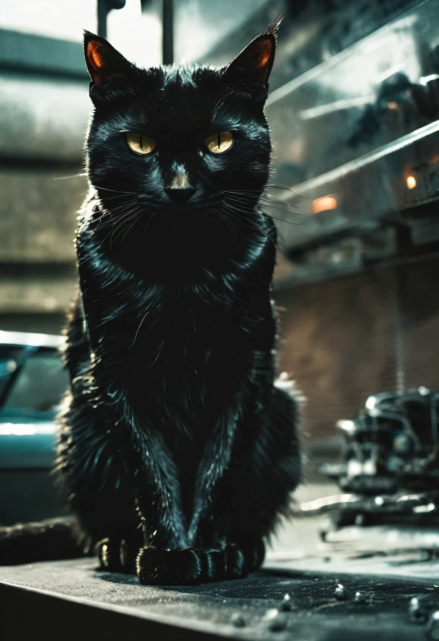 Cat face、Black cat、Terminator、photograph Fem Terminator costume, 50mm . cinematic 4k spectacular detail 4k spectacular detail photo taken with kodak details cinematic hbo dark moody, 35mm Photography, granular, Vignette, Vintage, Kodachrome, Lomography, 