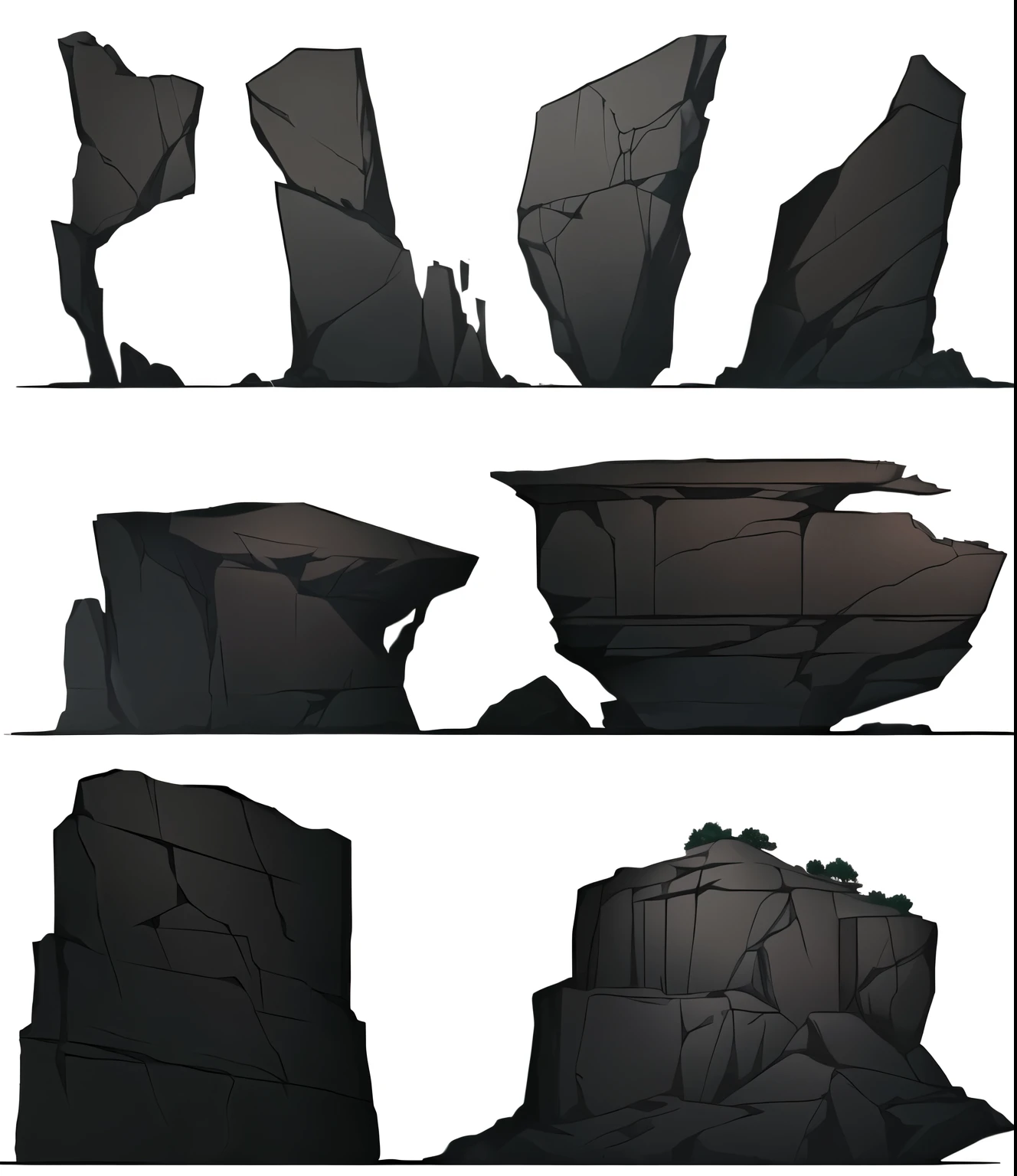 um conjunto de quatro pedras diferentes com diferentes formas e tamanhos, arte de fundo, hard edges arte conceitual, arte conceitual!, ambiente rochoso, 2d arte conceitual, Desenvolvimento visual, arte conceitual, arte conceitual, arte ambiental, design de ambiente, arte ambientale conceitual, cave scenery, Arte conceitual, rock formations, lighting study, arte conceitual!!, stylized arte conceitual