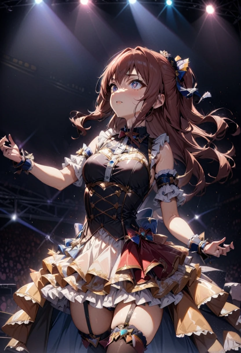 Idol Stage, idol dress, aesthetic, extremely detailed, masterpiece, best quality, Tyndall effect, light beams, stage lights, 1girl, solo, long hair, thighhighs, on stage, looking up, light scattering, volumetric lighting, spotlights, rays, atmosphere, octane render, 8k