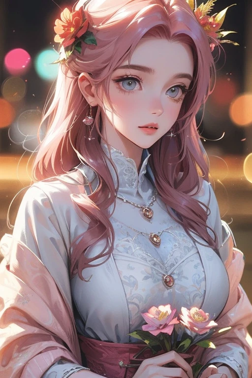 High resolution, highest quality, Wearing a gorgeous dress,Big bright eyes, Bright and vibrant pink hair, Rosy Cheeks, Soft Light, Very detailed,Beautiful, gentle and bright expression, shiny silky hair, Gorgeous floral hair ornament