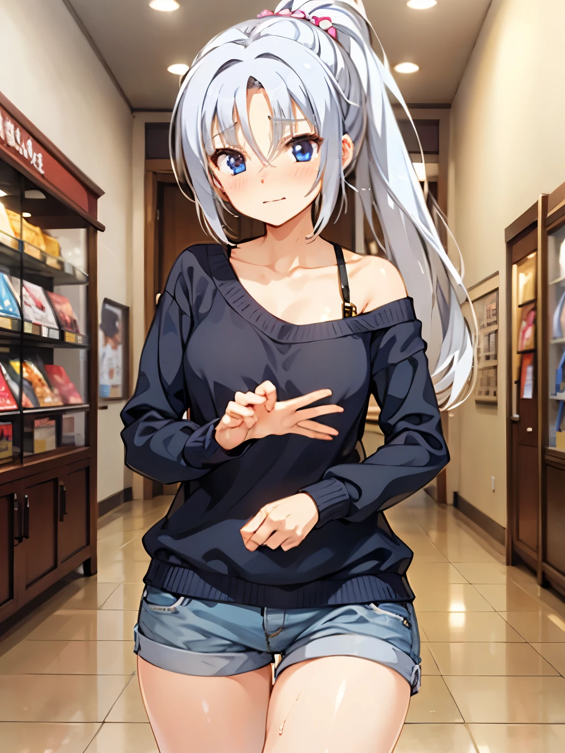 NSFW,Tomotake Yoshino,Long Hair、Gray Hair、High Ponytail、Hair Intake、hair ornaments、Parted bangs、blue eyes,Embarrassed,blush,(Aroused expression:1.3),sweater,Off the shoulder,Shorts,(Perfect hands),(Perfect Anatomy),(masterpiece),(highest quality),Shopping mall