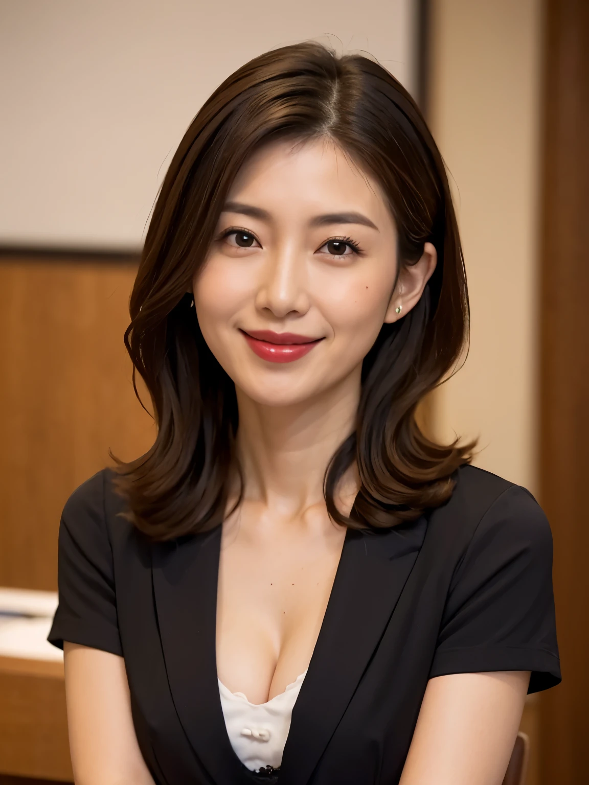 One Japanese woman, Detailed face, Red lipstick, Captivating look, From the chest up, highest quality, Very detailed, Perfect Anatomy, Wearing a suit, Short sleeve, Long Curly Hair, Age 33, mature, Sexy smile, Well-shaped D cup breasts, Hunchback, Cleavage, office, ((Looking at the camera)), ((From below))