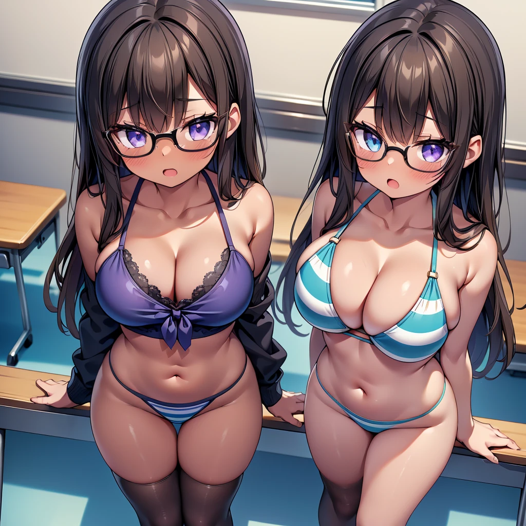 (cute eyes:1.2), (sparkling eyes:1.2), (8K、Best image quality、highest quality、masterpiece)、Detailed face、(2 girls, (Brown Skin:1.3))、Improve、(Black Hair, Purple Eyes, Glasses, long hair)、(open mouth), (embarrassed), (skinny body:1.3),(huge ), (Light blue striped micro bikini:1.1), (Are standing:1.2), (cleavaop top navel), Sit on a chair, Classroom Background, (black stockings:1.1), (Thighs:1.1), (Waistline:1.1),(close-up shot of bust), (from above:1.2)