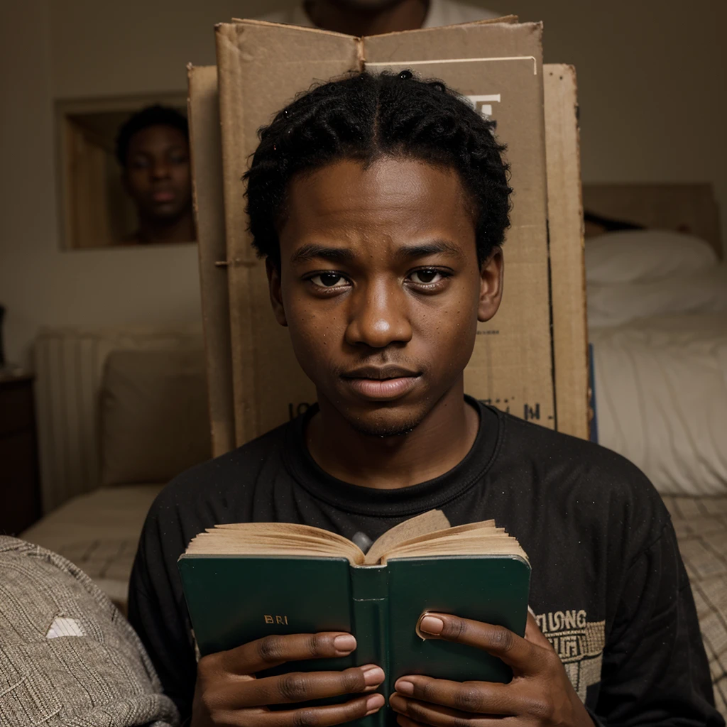 Create an Image of A poor black boy in the middle of misery, rich in knowledge and holding a book.