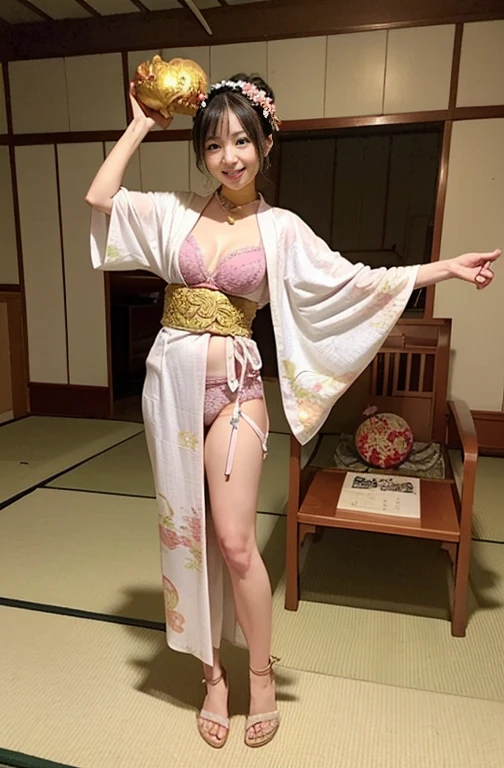 (facing back:1.2)、 (high-level image quality、hightquality、hight resolution、masterpiece、detaileds)、(There is a cute girl)、Smile looking at camera、(Pure Japanese hairstyle with a hairpin)、(Light brown hair)、((being thin:1.3))、((Small:1.3))、(Bra and panties with large kimono-style decorations:1.2)、She wears a collar, bangles, and a kimono-style garter belt.、(He holds a large golden dragon in both hands.:1.2)、The pose is so cute and nice、(Pure Japanese room in a big old house:1.2)
