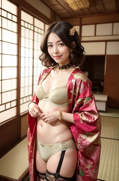 （facing back:1.2)、 (high-level image quality、hightquality、hight resolution、​masterpiece、detaileds）、(There is a cute girl)、Smile looking at camera、（Pure Japanese hairstyle with a hairpin）、（Light brown hair）、((being thin:1.3))、((Small:1.3))、(Bra and panties with large kimono-style decorations:1.2)、She wears a collar, bangles, and a kimono-style garter belt.、（He holds a large golden dragon in both hands.:1.2）、The pose is so cute and nice、(Pure Japanese room in a big old house:1.2)